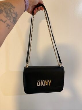 DKNY Black Leather Shoulder Bag with Gold Chain Trim